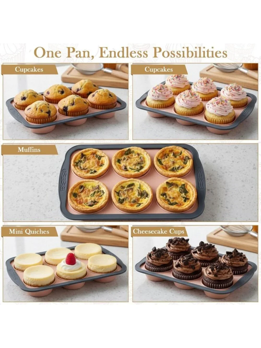 2 Pack Nonstick Silicone Muffin Pans - Collapsible 6 Cup Baking Tray, Oven Safe
